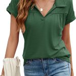 Micoson Womens Polo Shirts V Neck Short Sleeve Collared Tops Pleated T Shirts Casual Tunic Blouse S-XXL